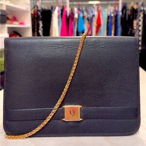 Dior Vintage Leather Shoulder Bag clutch Black with gold hardware free chain COA